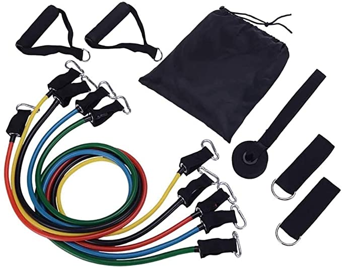 11 Pack Full Body Resistance Band Exercises,Including 5 Stackable Exercise Bands with Door Anchor,2 Foam Handle,2 Metal Foot Ring & Carrying Case - Home Workouts,Yoga,Physical Therapy,Gym Training