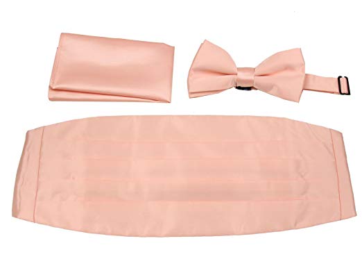 Mens Formal Woven Satin Cummerbund Pre-Tied Bowtie Hanky set - Many Solid Colors Available
