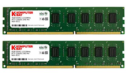 Komputerbay 8GB (2 X 4GB) DDR3 DIMM (240 pin) 1333Mhz PC3 10600 / PC3 10666 9-9-9-25 1.5v 8 GB KIT