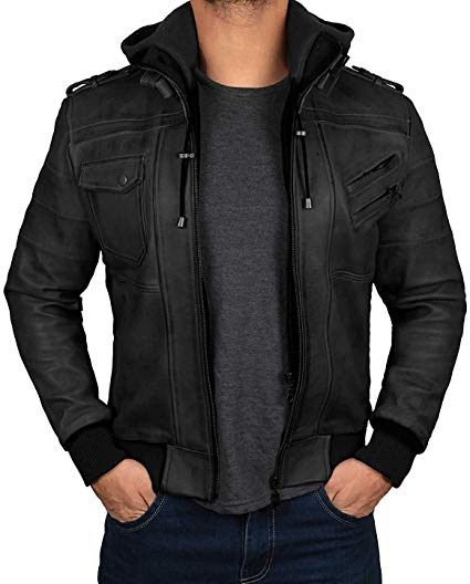 Blingsoul Leather Bomber Jackets for Men - Genuine Leather Motorcycle Jacket with Detachable Hood