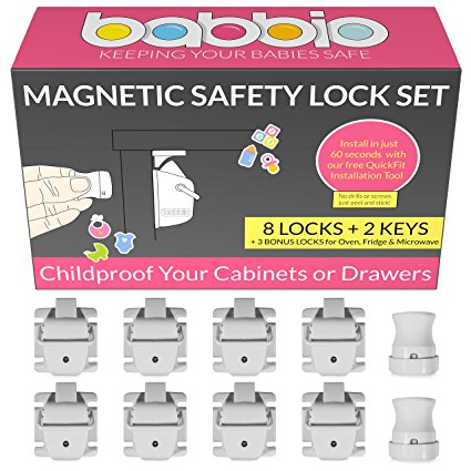 Babbio Magnetic Safety Locks – 8 pack   Free QuickFit Tool to Child Proof any Cabinet, Drawer or Cupboard in just 60 seconds – no drill, tools or screws just peel and stick the lock to keep baby safe