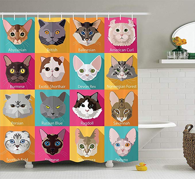 Ambesonne Cat Lover Decor Collection, Popular Breeds of Cats Abyssinian Burmese Sphynx Norwegian Forest, Polyester Fabric Bathroom Shower Curtain, 84 Inches Extra Long, Turquoise Yellow Pink Brown