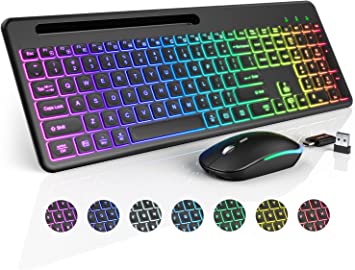 Wireless Keyboard and Mouse Combo with 7 Colors Backlit, Full Size Keyboard & Mouse Set with Phone Holder, 2.4 GHz Lag-Free Rechargeable Slim USB Cordless Set for PC, Laptop, Mac, Windows, by SABLUTE