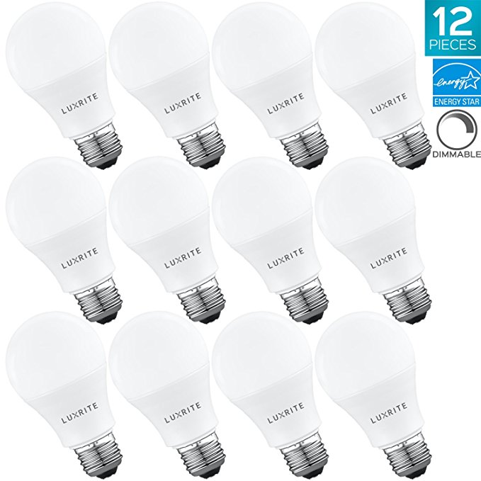 Luxrite A19 LED Light Bulb 60W Equivalent, 3000K Warm White Dimmable, 800 Lumens, Standard LED Bulb 9W, E26 Base, Energy Star, Enclosed Fixture Rated, Perfect for Lamps and Home Lighting (12 Pack)
