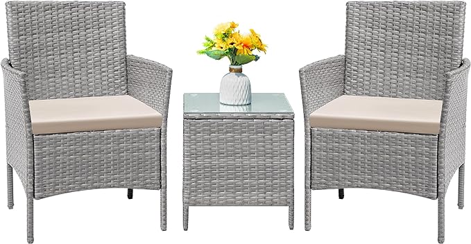 Flamaker Patio Furniture Set 3 Pieces All-Weather Rattan Outdoor Furniture Patio Chairs with Tempered Glass Table for Porch Bistro Balcony (Grey/Cream)