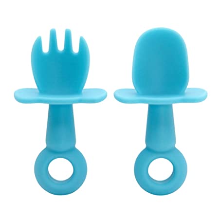 Toddler Utensils, Infant Spoon Fork Set for Self-Feeding, First Stage Weaning for 6-12 Months , BPA Free Baby Silicone Training Feeding Set (Blue)