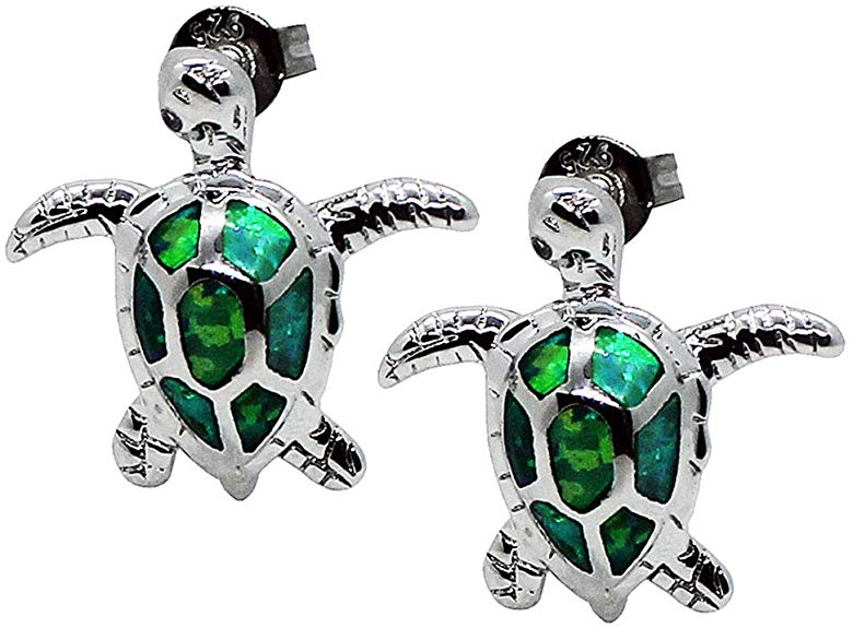 Health and Longevity Sea Turtle Birthstone Jewelry Sterling Silver Created Green Opal Sea Turtle Earring Pendant Necklace Length 18-20 inch