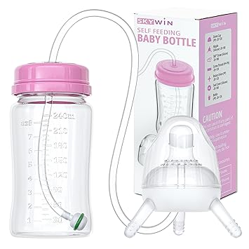 Skywin Self Feeding Baby Bottle 8oz Bottle Holder for Baby - Baby Bottle with Straw, Anti Colic, for Convenient Feeding (Pink)