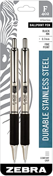 Zebra Pen 29212 Zebra F-402 Ballpoint Stainless Steel Retractable Pen, Fine Point, 0.7mm, Black Ink, 2-Count