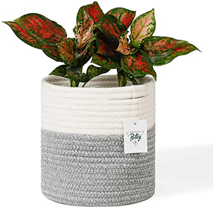 POTEY 700901 Cotton Rope Woven Plant Basket Modern Woven Basket for 7" Flower Pot Floor Indoor Planters,Storage Organizer Basket Rustic Home Decor, White Grey Stripes 8"x 7.5"