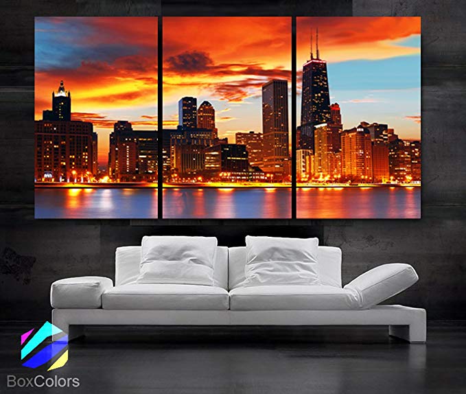 Large 30"x 60" 3 Panels 30"x20" Ea Art Canvas Print Beautiful Chicago Skyline Sunset Light Wall Home (Included Framed 1.5" Depth)