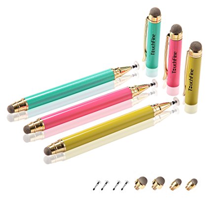 Stylus,TouchFine(TM) 3Pcs 3-in-1 Precision Disc Stylus/Styli,Dual-sided Capacitive Fiber and Fine Point Disc Stylus,4 Replaceable Disc Tips,6 Replaceable Fiber Tips-Yellow,Peacock Green,Hot Pink