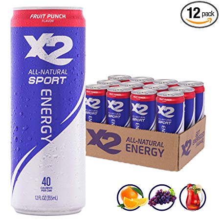X2 All Natural Sport Hydrating Energy Drink: Great Tasting Non-Carbonated Sports Energy Drinks with Coconut Water – 9 Grams of Sugar, 40 Calories - No Artificial Ingredients - Fruit Punch - Pack of 12
