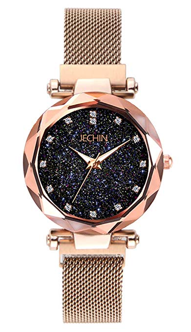 Jechin Fashion Women's Rose Gold Magnetic Buckle Bling Bling Starry Sky Watch with Mesh Steel Watches Band