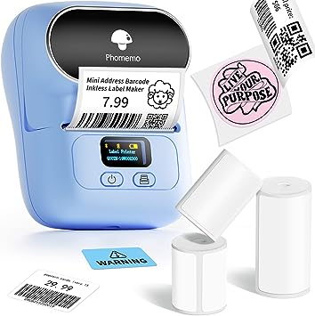 Phomemo Label Maker with 3 Labels- M110 Portable Bluetooth Label Maker Machine for Small Business, Barcode, Address, Logo, Clothing, Jerwery, Compatible with iOS & Android, Blue