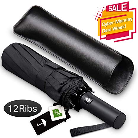 Bodyguard 12 Ribs Windproof Travel Umbrella with Teflon Canopy, Lengthened Handle with Auto Open Close Button, Compact Protection from Rain, Free Upscale Leather Cover