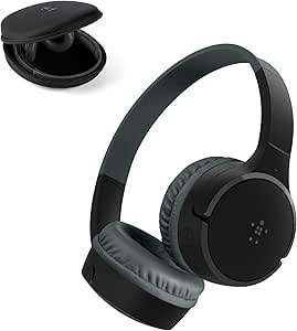 Belkin SoundForm Mini Kids Wireless Headphones w/Built-in Microphone, 30H of Playback Time, Fun Stickers, & Case - Over-Ear Headsets for Online Learning, School, iPhone, iPad, Galaxy, & More - Black