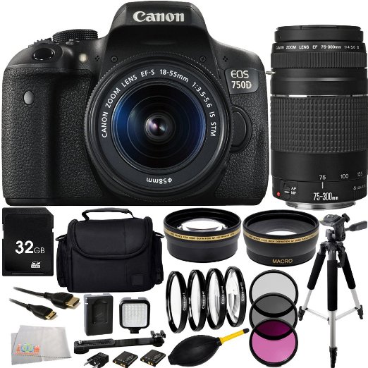 Canon EOS Rebel T6i/750D DSLR Camera with EF-S 18-55mm f/3.5-5.6 IS STM Lens & EF 75-300mm f/4-5.6 III Lens 32GB Bundle 15PC Accessory Kit. Includes 32GB Memory Card   0.43X Wide Angle Lens   2.2X Telephoto Lens   3PC Filter Kit (UV-CPL-FLD)   MORE