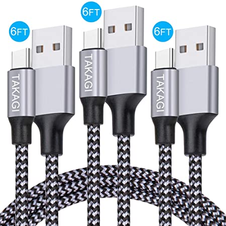 USB Type C Cable, TAKAGI 3Pack 6ft USB C to USB A Nylon Braid Fast Charging Cord High Speed Data Sync Transfer Charger Cable Compatible with Galaxy S9, Note, LG, Pixel 2 XL, Huawei, ONEPLUS (Gray)