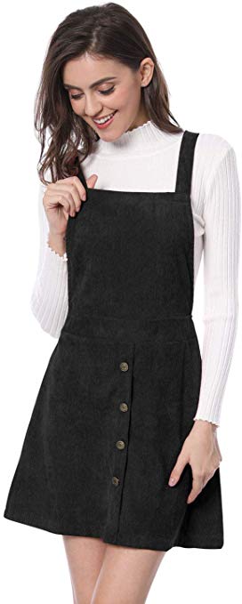 Allegra K Women's Straps Button Decor A-line Pinafore Corduroy Overall Dress