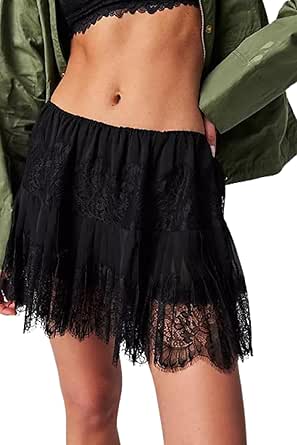 Womens Low Rise Lace Mini Skirt Y2k Pleated Ruffle Short Skirt Flowy Asymmetrical Underskirt Fairy Half Slip Skirts