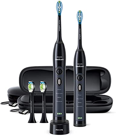 Philips Sonicare FlexCare Whitening Edition Rechargeable Toothbrush Bundle HX6964, Handles DiamondClean Plaque Control Brush Heads USB Charging Travel Cases, Black, (Pack of 2)