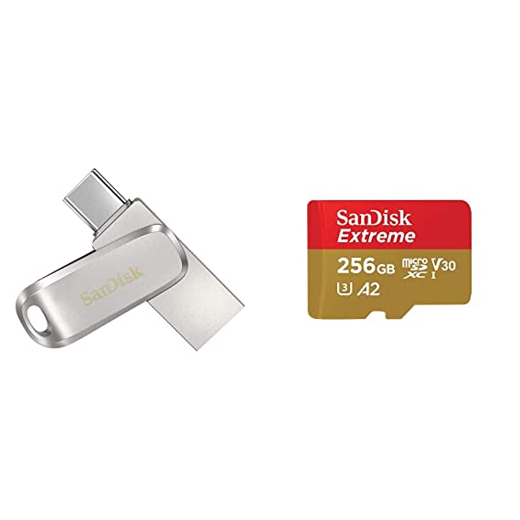 SanDisk Ultra Dual Drive Luxe USB Type C 1TB Flash Drive (Silver, 5Y - SDDDC4-1T00-I35) & Extreme uSD,160MB/s R, 90MB/s W,C10,UHS,U3,V30,A2, 256GB, for 4K Video on Smartphones, Action Cams & Drones