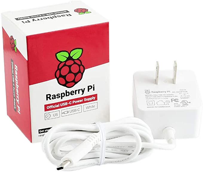 Raspberry Pi 4 Power Supply USB-C 5.1V 3A (White, UL Listed)