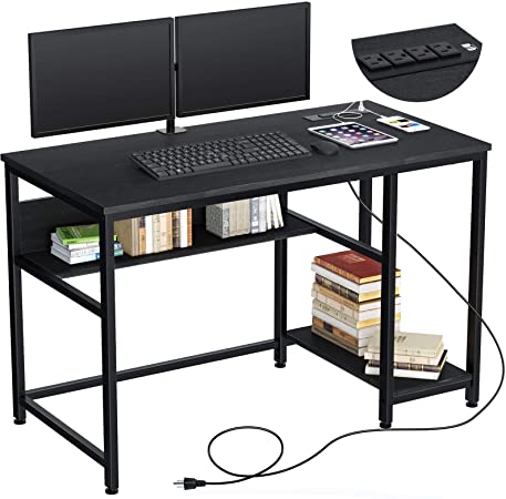 Rolanstar Computer Desk with Power Outlets, 47"/55" Office Desk with 2 Storage Shelves with Corner Protectors, Study Table, Workstation,Business Style, Stable Metal Frame, RTB00D-BL120-1