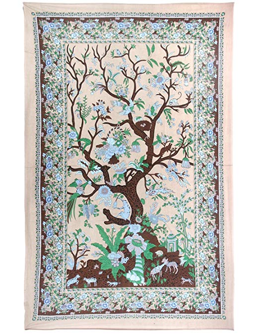 Sunshine Joy Tree Of Life Indian Tapestry - 60x90 Inches - Beach Sheet - Hanging Wall Art (Beige)