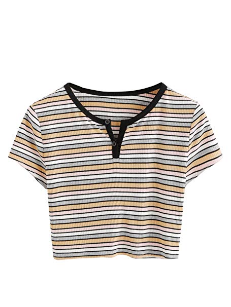 DIDK Women's Contrast Neck Rib Knit Striped Crop Tee Top