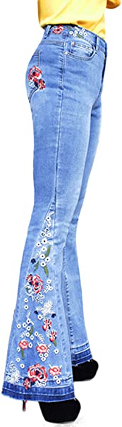 Chartou Womens Chic Floral Embroidered High-Rise Bell Bottom Flare Jeans Broad Feet Long Denim Pants