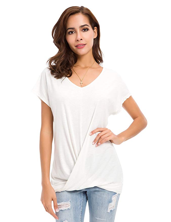 Womens Short Sleeve Twist Knot Loose Fitting Tops V Neck T Shirts