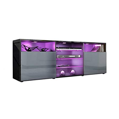 Vladon TV Unit Stand Granada, Carcass in Black High Gloss/Front in Grey High Gloss
