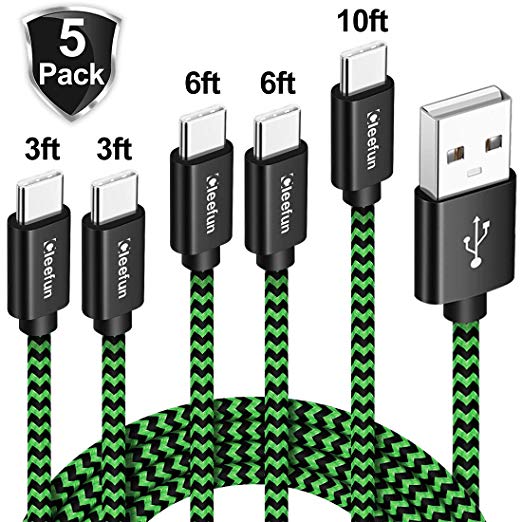 USB C Cable Durable Braided [5-Pack, 3/3/6/6/10 ft], CLEEFUN Fast Charging Type C Charger Cord For Samsung Galaxy S8 S9 S10 Plus S10E, Note 10 9 8, LG G8 G7 G6 G5 V30 V20, Pixel 2 XL, Moto G6 G7 Z2 X4