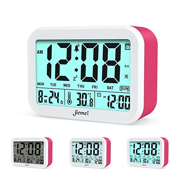 Digital Alarm Clock, Jiemei Talking Alarm Clocks for Kids and Adults, Battery Operated, 4.5'' Display, Smart Backlight, 3 Alarms, 7 Rings, Good Gift Choice (Pink)