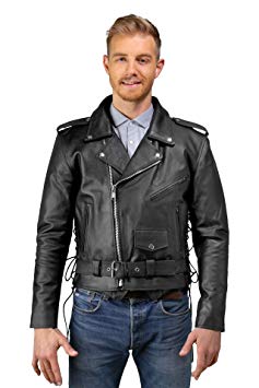 Mens Leather Motorcycle Jacket, Side Lace, Zip-Out Lining, Pockets Inside & Outside, High Performance Biker Jacket, Genuine Cowhide Leather (Black, 42)