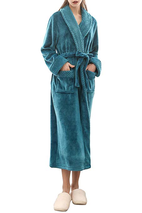 Plush Robes for Women, Bathrobe Fleece Long Dressing Gown Super Soft Full Length Homewear Comfy Warm Night for Spa Hotel