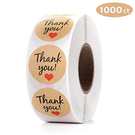 Mionno Kraft Paper 1.25" Round Thank You Stickers with Red Heart - 1000pcs/Roll Adhesive Seal Labels for Decorative and Envelope Sealing, Gift Wrap, Birthday, Baby Shower, Wedding, Party (1 Roll)