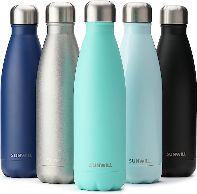 SUNWILL Water Bottle, Insulated Stainless Steel Sports Bottle 500ml, Reusable Vacuum Thermal Water Flask, Double Wall, For Hot and Cold Drinks