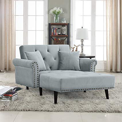 Divano Roma Furniture Modern Velvet Fabric Recliner Sleeper Chaise Lounge - Futon Sleeper Single Seater Nailhead Trim (Light Grey)