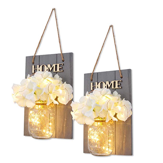 HABOM Mason Jar Sconce - Rustic Wall Decor with Fairy Lights - Hanging Wall Art for Indoor & Outdoor Farmhouse Garden Yard Home Decor - Battery Operated Night Lights Set of 2