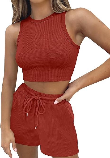 Ifoqixu 2 Piece Lounge Sets for Women Sleeveless Crop Top and Shorts with Pockets Tracksuits Ribbed Knit Pajamas