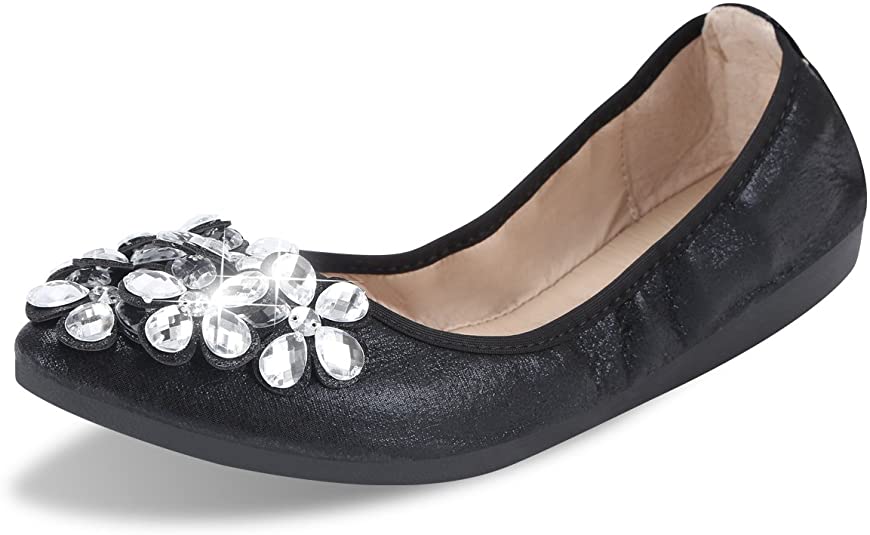 KUNWFNIX Women Ballet Flats Rhinestone Wedding Ballerina Shoes Foldable Sparkly Comfort Slip on Flat Shoes