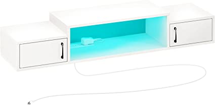 Rolanstar Floating TV Stand with Power Outlet & LED Light, 47" Wall Mounted TV Shelf with Doors, Media Console Stand with Storage, Entertainment Shelf for Living Room, Bedroom White