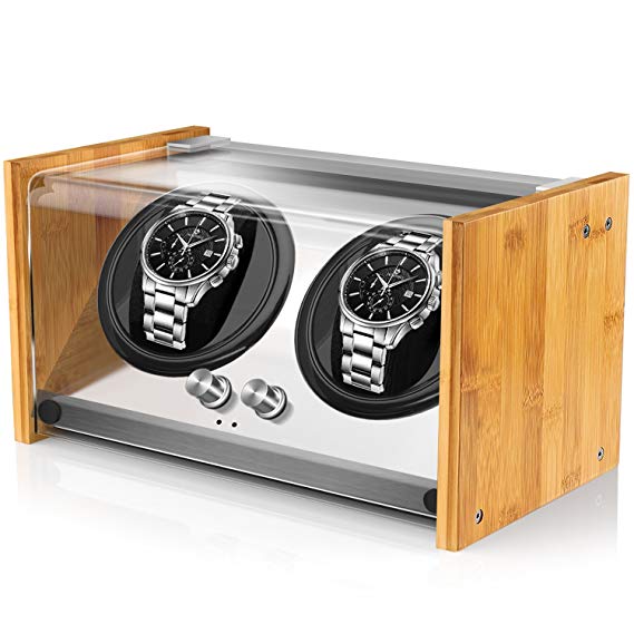 Watch Winder Box for Automatic Watches or Rolex Double Spacious for Any Size, Craftsmanship Bamboo Wood Patent Housing Case, AC or Battery Powered Super Quiet Japanese Motor by Watch Winder Smith