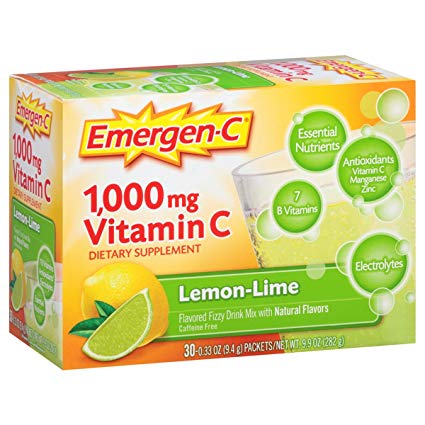 Emergen-C (30 Count, Lemon-Lime Flavor, 1 Month Supply) Dietary Supplement Fizzy Drink Mix with 1000mg Vitamin C, 0.33 Ounce Packets, Caffeine Free