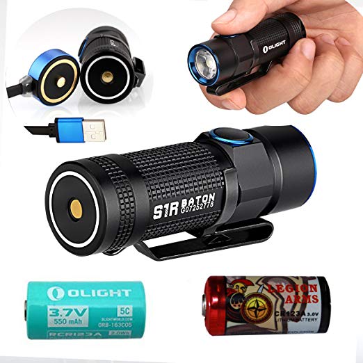 Olight S1R Baton S1 rechargeable 900 Lumen LED Flashlight Compact EDC with customized RCR123 Li-ion battery, flex magnetic USB charging cable and LegionArms CR123A Lithium Battery