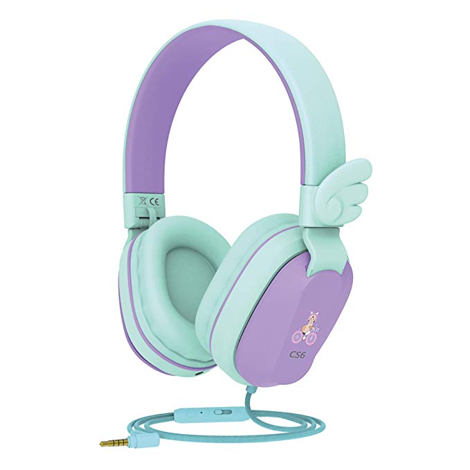 Kids Headphones, Riwbox CS6 Lightweight Foldable Stereo Headphones Over Ear Corded Headset Sharing Function with Mic and Volume Control Compatible for iPad/iPhone/PC/Kindle/Tablet (Purple&Green)