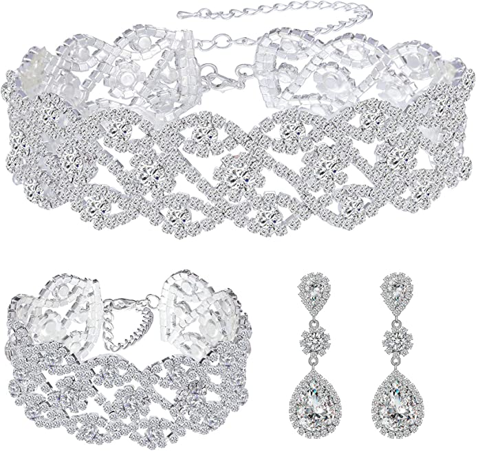 Paxuan Women Silver Rhinestone Crystal Wedding Bridal Choker Necklace Earrings Bracelet Jewelry Sets